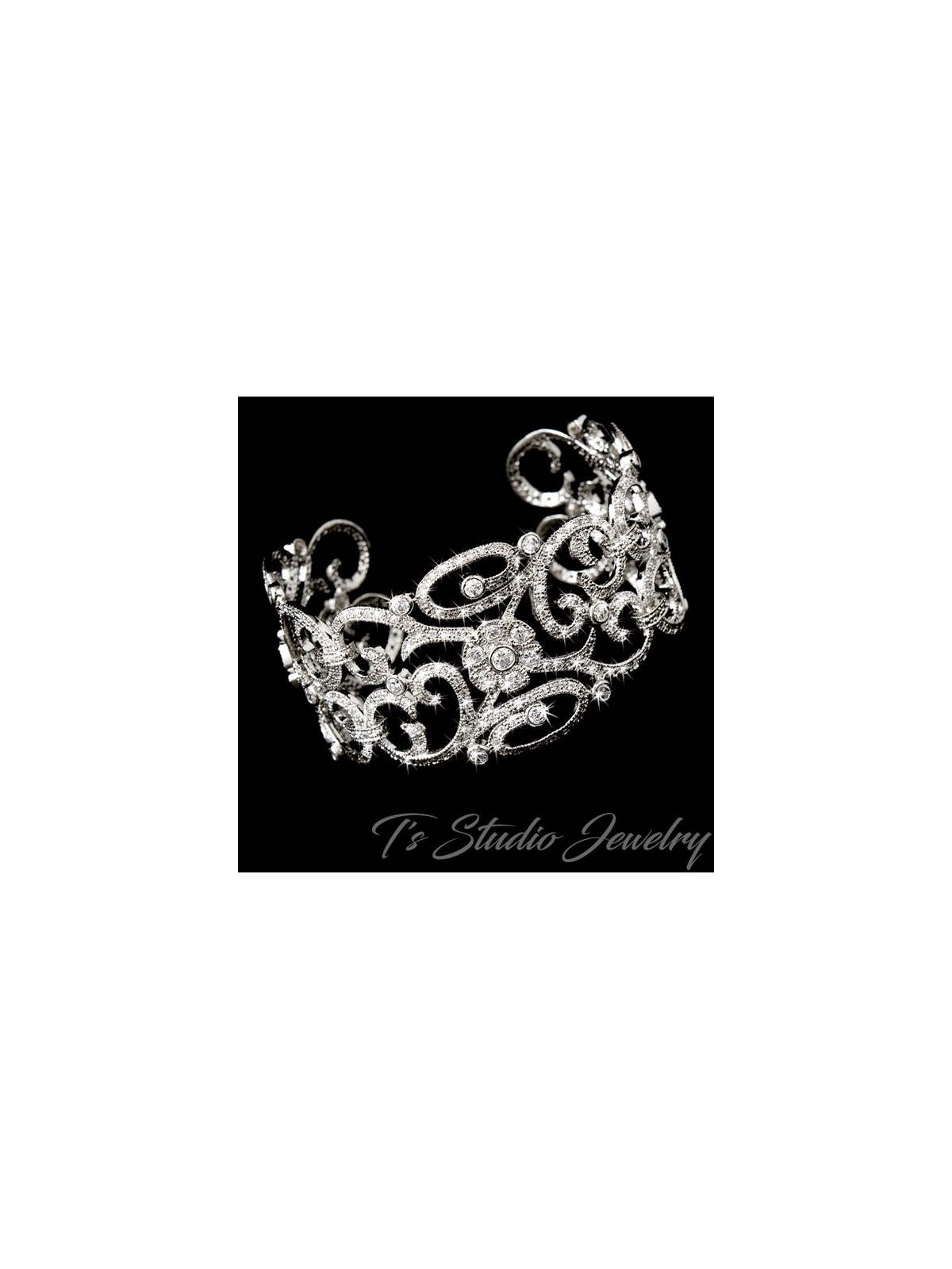 Silver Floral CZ Bridal Cuff Bracelet
