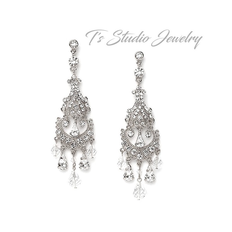 Long Silver Crystal Bridal Chandelier Earrings