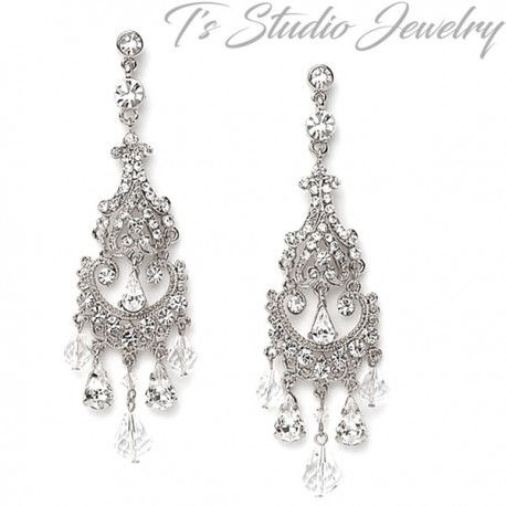 Long Silver Crystal Bridal Chandelier, Red Silver Crystal Chandelier Earrings