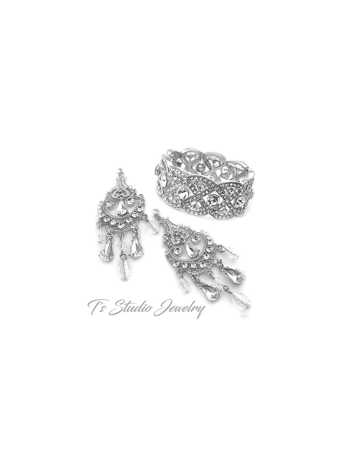 Long Silver Crystal Bridal Chandelier Earrings