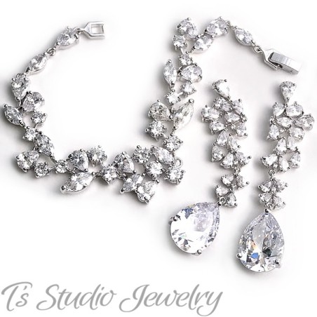 Silver CZ Wedding Bracelet & Earrings Set