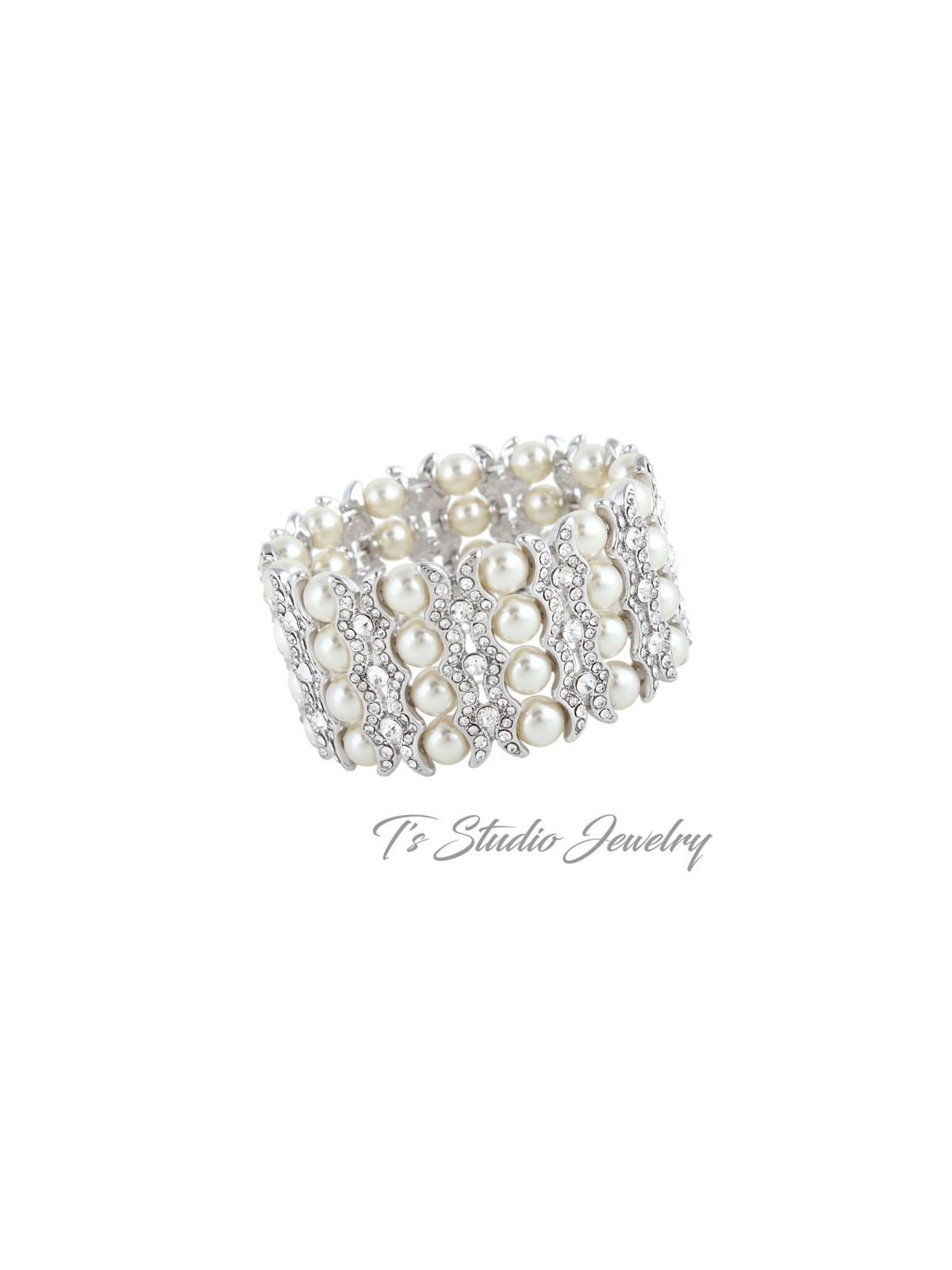 4-Strand Pearl & Rhinestone Cuff Bridal Bracelet