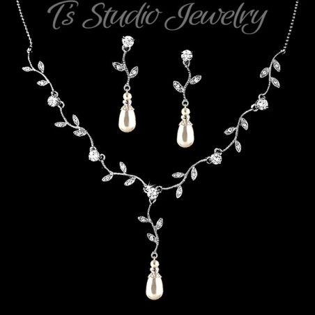 Pearl & Crystal Vine Leaf Design Jewelry Set
