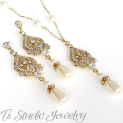 Pearl & Gold Chain Bridal Necklace & Earrings Set