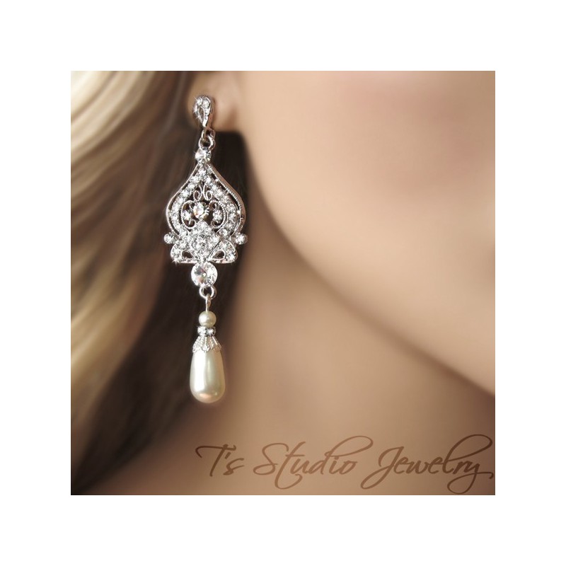 Teardrop Pearl Bridal Chandelier Earrings in White or Ivory Pearls