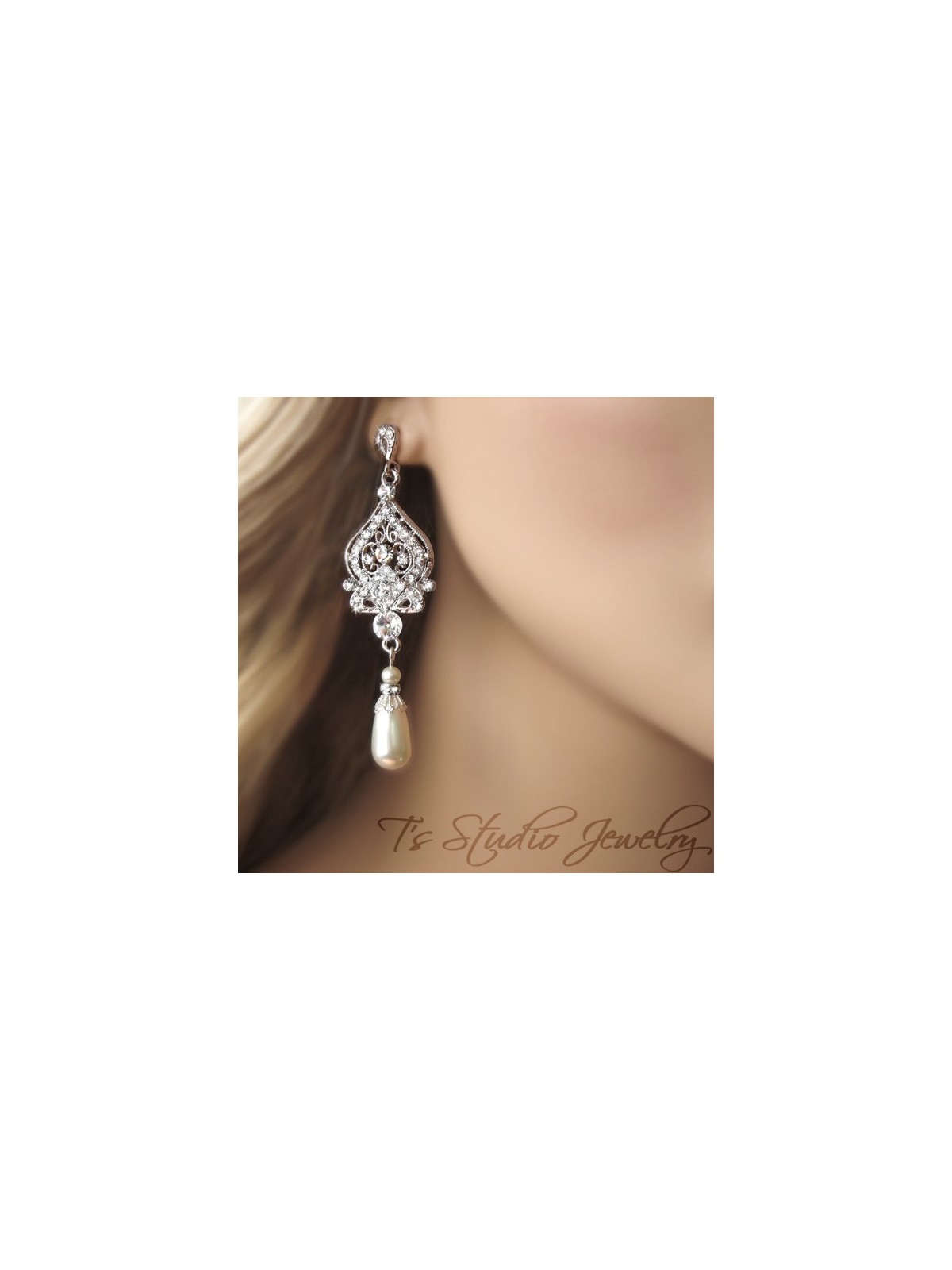 Teardrop Pearl Bridal Chandelier Earrings in White or Ivory Pearls