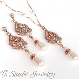 Pearl & Rose Gold Bridal Necklace & Earrings Set