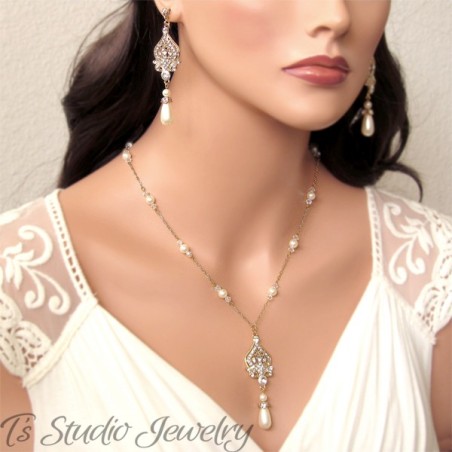 Pearl & Chain Bridal Necklace & Earrings Set