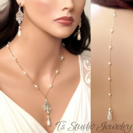 Pearl Bridal Backdrop Necklace & Earrings Set