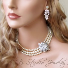3-Strand Pearl Bridal Necklace & Earrings Set
