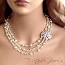 3-Strand Pearl & Crystal Bridal Necklace