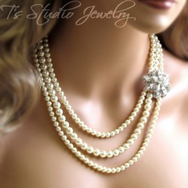 3 Strand Long Pearl Bridal Necklace