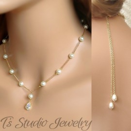 Backdrop Necklace & Earrings Set Teardrop Pearls Wedding Bridal Bridesmaid V7