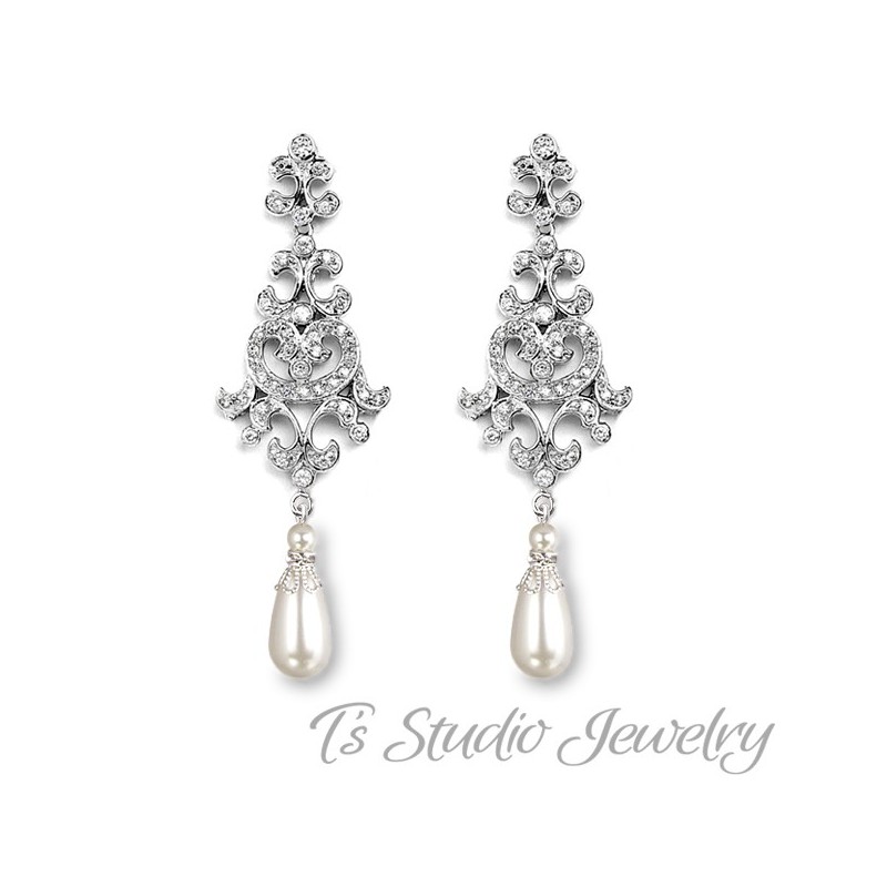 Crystal Rhinestone and Pearl Bridal Chandelier Earrings 
