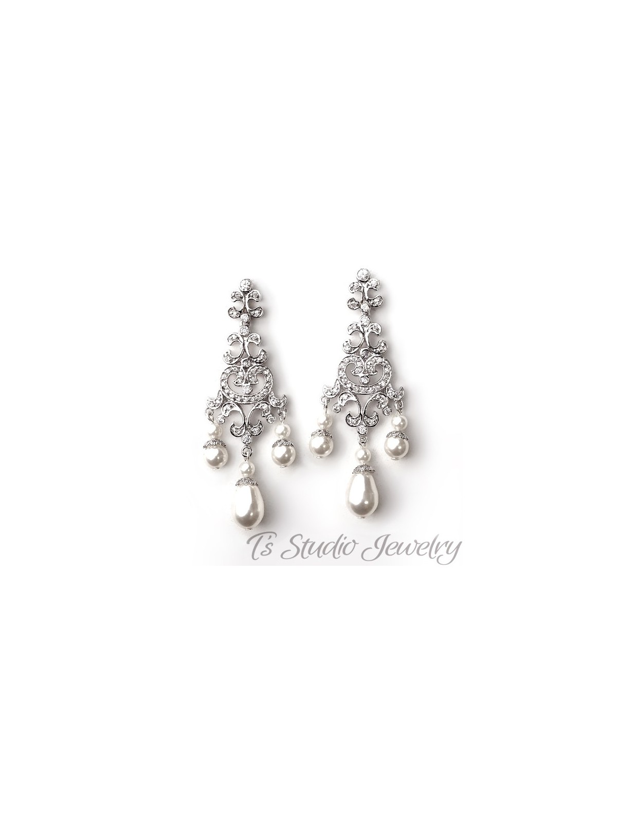 Pearl Rhinestone Bridal Chandelier Earrings