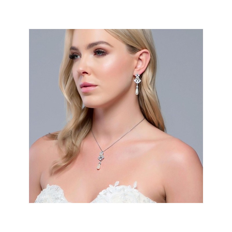 Crystal and Pearl Bridal Necklace Earring Set