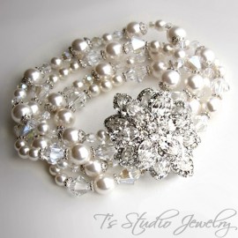 Pearl and Crystal Rhinestone Cuff Bridal Bracelet
