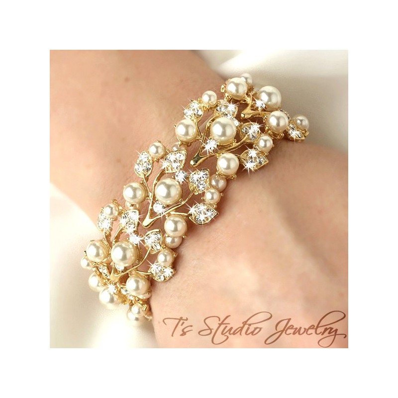 Gold Pearl and Crystal Bridal Cuff Bracelet Gold Pearl and Crystal Bridal Cuff Bracelet