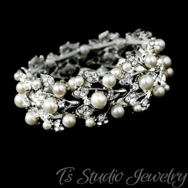 Silver & Ivory Pearl Bridal Cuff Bracelet