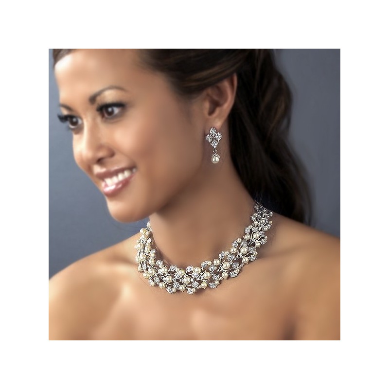 produktion album Tæt Silver Ivory Pearl Crystal Wedding Bridal Choker Necklace Earring Set