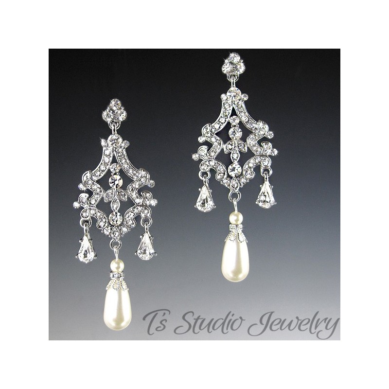 Pearl and Silver Bridal Chandelier Earrings Pearl and Silver Bridal Chandelier Earrings