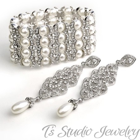 Pearl Bridal Bracelet & Earrings Set