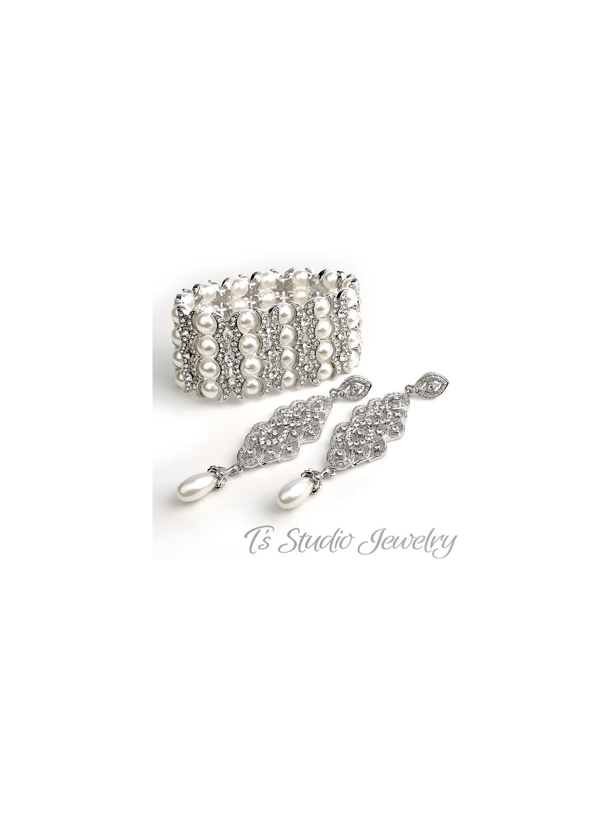 4-Strand Pearl & Rhinestone Cuff Bridal Bracelet & Chandelier Earrings Set