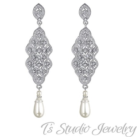 Silver Pave Pearl Bridal Earrings