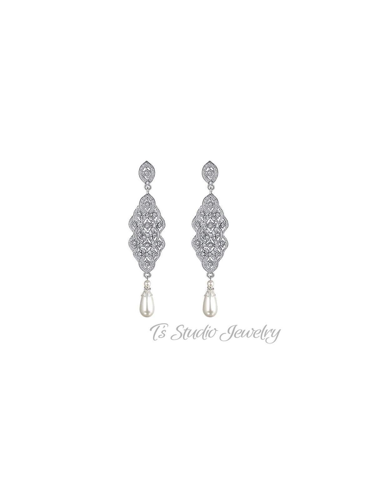Silver Pave Pearl Bridal chandelier Wedding Earrings