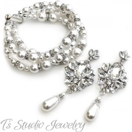 Vintage Style Pearl Bridal Bracelet Earrings Wedding Jewelry Set