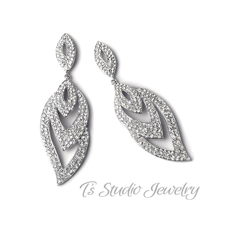 Long Crystal Rhinestone Pave Pageant Or, Long Chandelier Style Earrings Silver