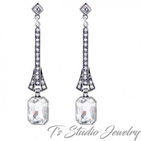 Long Cz Vintage Art Deco Style Bridal Earrings