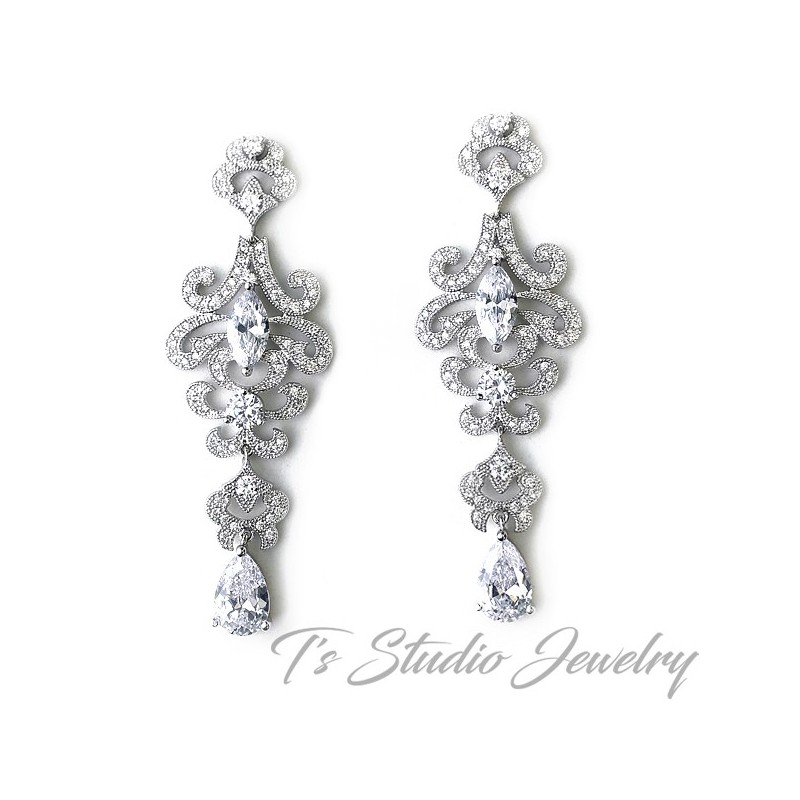 CZ cubic zirconia chandelier bridal earrings