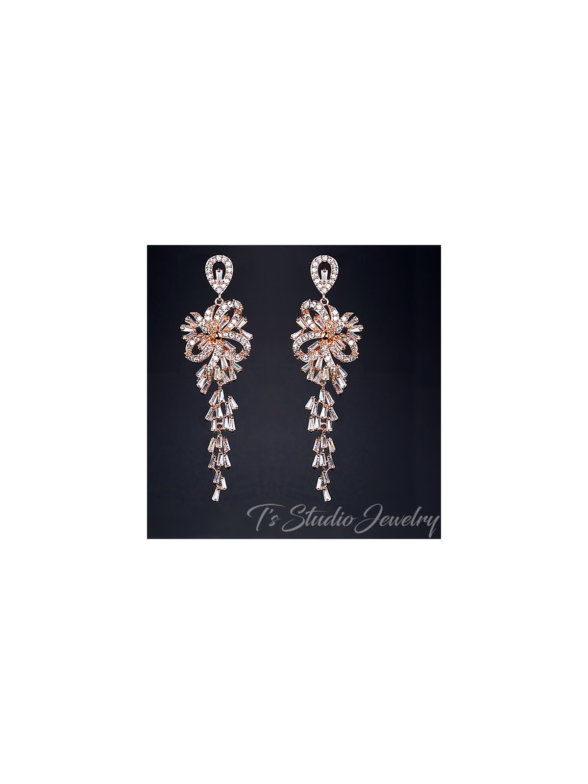 Long Rose Gold Chandelier Bridal Earrings