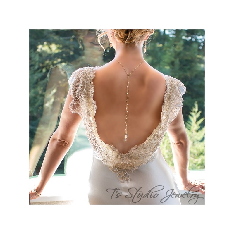 Pearl Back Drop Gold Bridal Necklace and Earrings