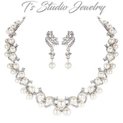 Pearl and CZ Bridal Wedding Necklace Set