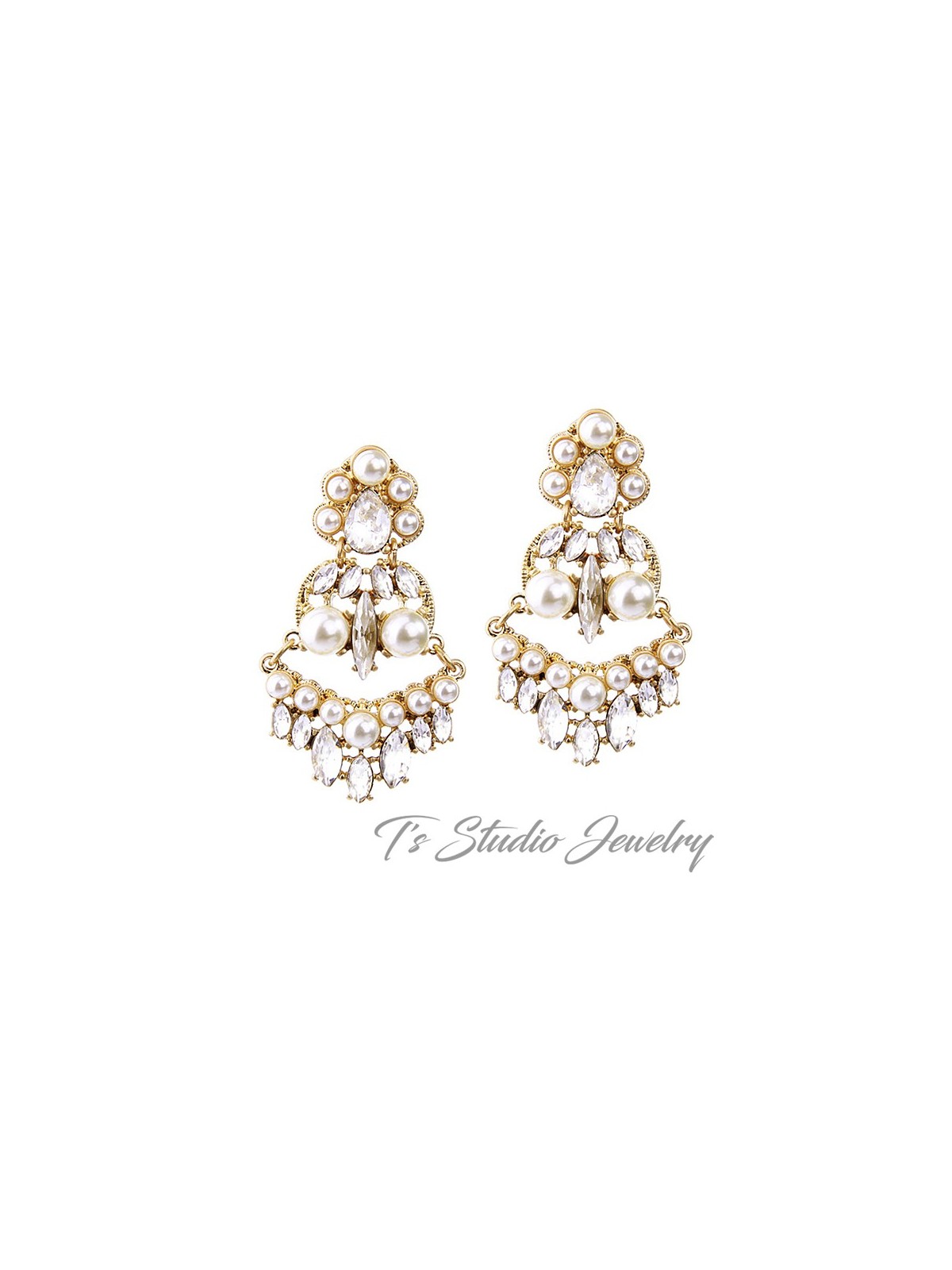 Gold Pearl and Crystal Bridal Earrings