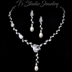 Pearl and Cubic Zirconia Bridal Necklace Earrings Set