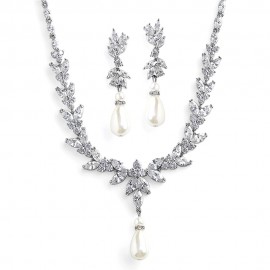 Pearl and CZ Bridal Necklace Earrings Set