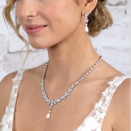 Pearl and CZ Bridal Necklace Earrings Set