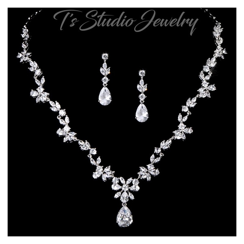 Cubic Zirconia Bridal Necklace and Earrings Set