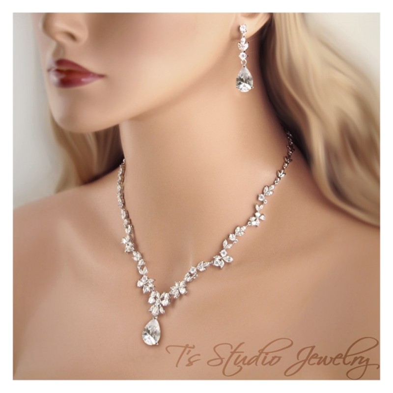 Cubic Zirconia Bridal Necklace and Earrings Set