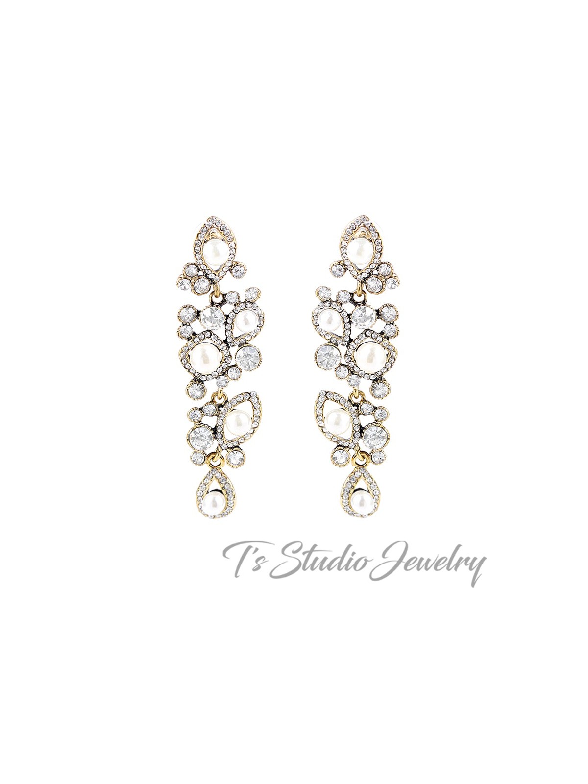 Long Gold Pearl & Crystal Wedding Earrings