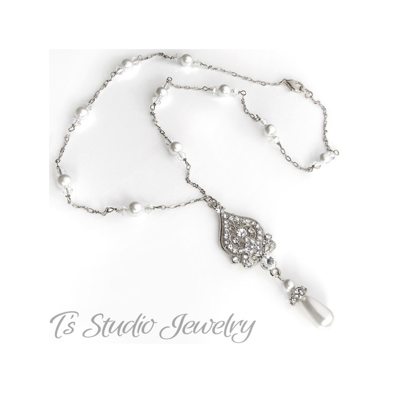 Pearl & Silver Chain Bridal Necklace & Earrings Set Pearl & Silver Chain Bridal Necklace & Earrings Set