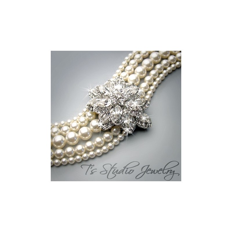 3-Strand Pearl Bridal Necklace with Crystal Flower Center