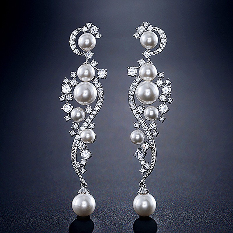 Long Pearl & Crystal Wedding Earrings