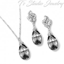Charcoal Grey Silver Crystal Necklace Earrings Set