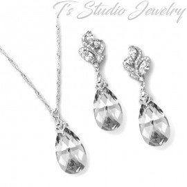 Light Grey Silver Crystal Necklace Earrings Set