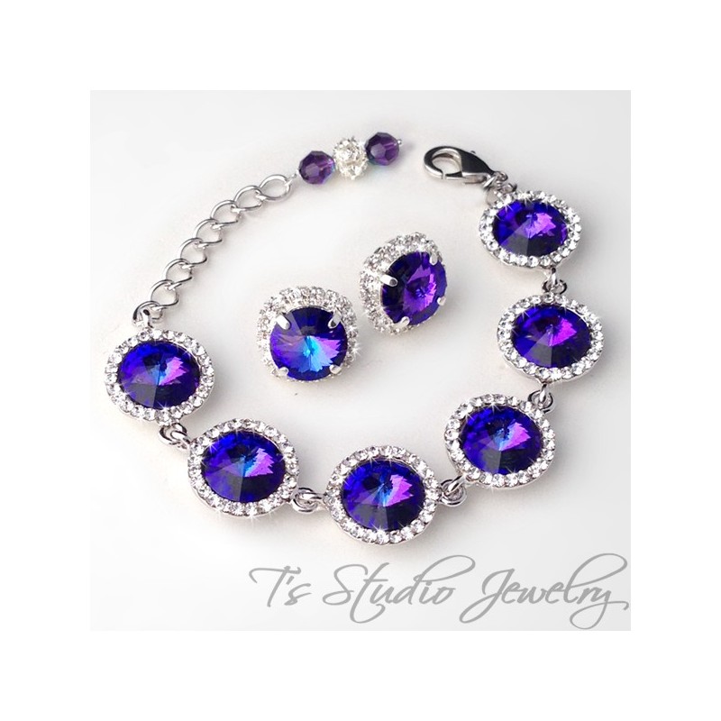 Blue Rivoli Crystal Bridesmaid Bracelet and Earrings Set