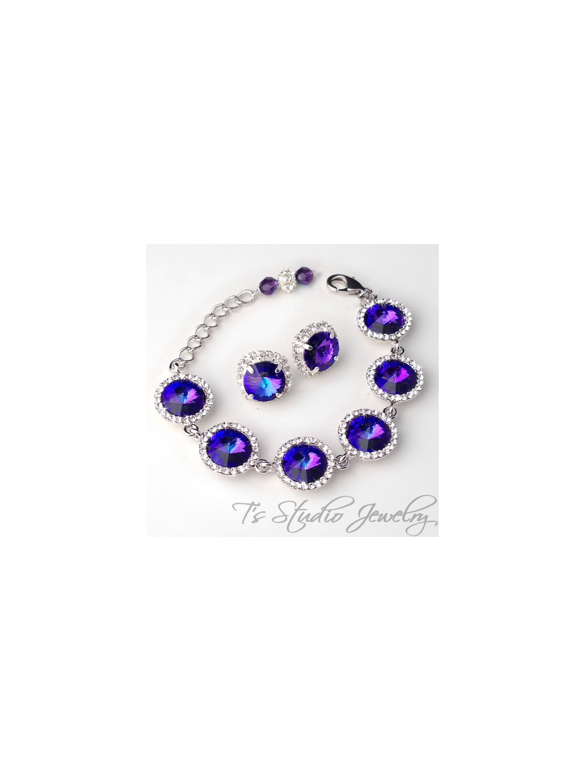 Blue Rivoli Crystal Bridesmaid Bracelet and Earrings Set